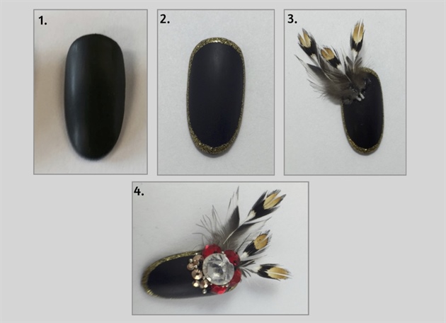 1.) Start by polishing the entire nail with your favorite black gel polish.\n2.) Outline around the entire nail to create the perfect frame.\n3.) Add feathers by tacking them down with a high powered nail resin.\n4.) Diamonds are a girls best friend, add your favorite embellishments to complete the 1950's inspired brooch nail look. \n