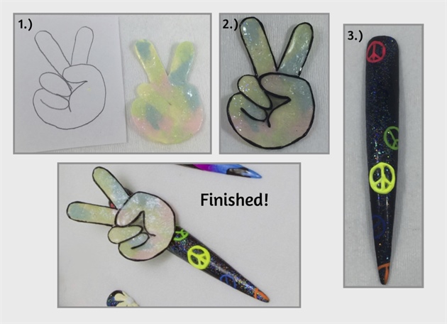 1.) Sketch a hand giving the peace sign, place it under plastic and cover in white gel and cure.  Using different gel polishes, color the shape making it look tie-dyed.    2.) Using black gel paint and a fine detail brush add your lines.      3.)   On a black, glitter nail, apply flat peace signs using acrylic paint and make one pop off the nail with pop-up gel.  Peace!