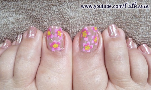 Gold and Pink Flower Nail Art