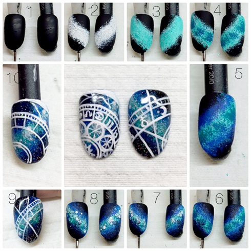 1. Cover the entire nail with black gel/gel polish/acrylic or acrylic paint (I used acrylic paint because these are only tips but you should avoid doing that on a client because it will chip). 2. Use a sponge and add white in the shape you want your galaxy to be. 3. Cover the white with a light turquiose blue color. 4. Add small clusters of a darker shade in the middle. 5. Add a darker shade around the edges of the galaxy. 6. Add an almost black color to fade out the edges even more. 7. Add small clusters of white in the middle (be careful though not to overdo it!) 8. Add a couple of stars (a dotting tool and white acrylic paint). 9. Cover the nail with gel/gel polish with some glitter in it and start painting on your pattern. 10.(middle) Voila! 