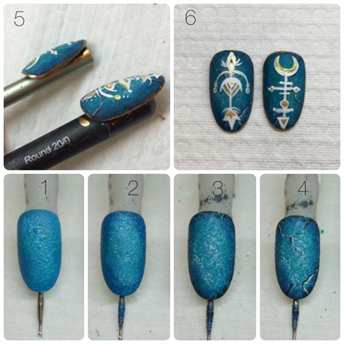 1. Use a sponge and mix a couple of blue, green and white acrylic paint on to the nail as a base. 2. Add a darker shade around the edges. 3. Sponge on black around the edges. 4. Add small cracks going trough the nail using a small detail brush. 5.(upper right) Paint the pattern using acrylic paint (make sure that the base is completely dry first). 6.(upper left) Add gold chrome gel polish to the edges and cure. 