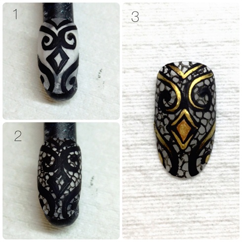 1. Let the nail be transparent and start painting on the basic shapes using black acrylic. 2. Fill it in empty spaces with small circular shapes. 3 Add gold details with some gold acrylic paint or gel polish.