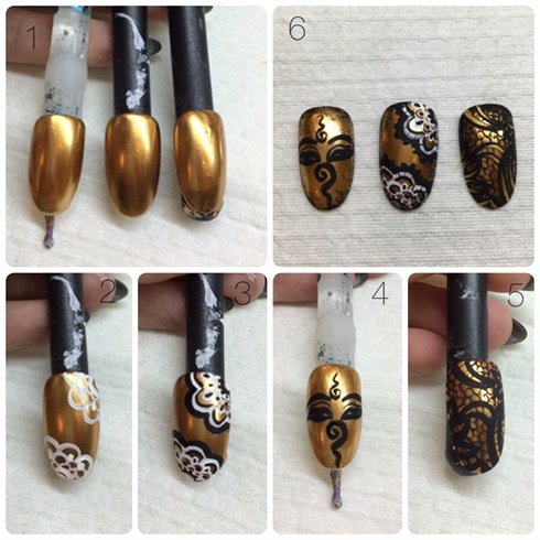 1.(upper left) Apply a chrome gel polish and cure. 2. Paint the mandala with white acrylic paint. 3. Add details with some black acrylic paint. 4. Paint the details with black acrylic paint. 5. (upper right) Sponge on some black acrylic paint around the edges to make it look old and worn out. Also add small gold details to the lace nail. Add top gloss if needed (I left it like this to keep the acrylic paint kind of matte on top of the gold metallic).