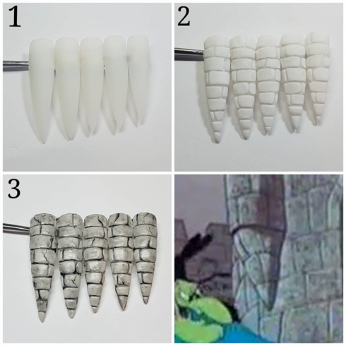 Tips. 1. I glued 5 tips together with nail glue. 2. Using white acrylic individually sculpt bricks leaving a small gap between each one. 3. paint bricks detail with black and grey gel polish.\n