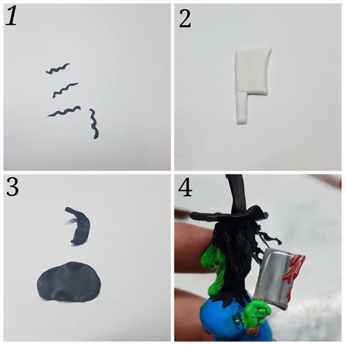 Accessories. 1. On a nail form i sculpted the curly hair pushing black acrylic in different directions. 2. I created the knife the same way on a nail form using white acrylic. 3. I sculpted the hat on a form with black acrylic and bent into shape before the acrylic hardened. 4. Here you can see the pieces attached. I hand painted the knife with gel polish. I then attached all of  my pieces with nail glue and added star Swarovski crystals to the back ground.\n
