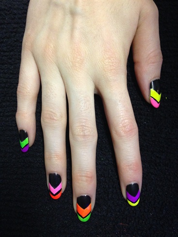 Use a striper brush to paint thin black lines between the two neon colours.