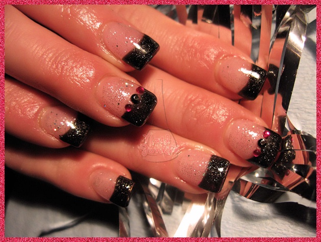 Black French Tips with Rhinestones