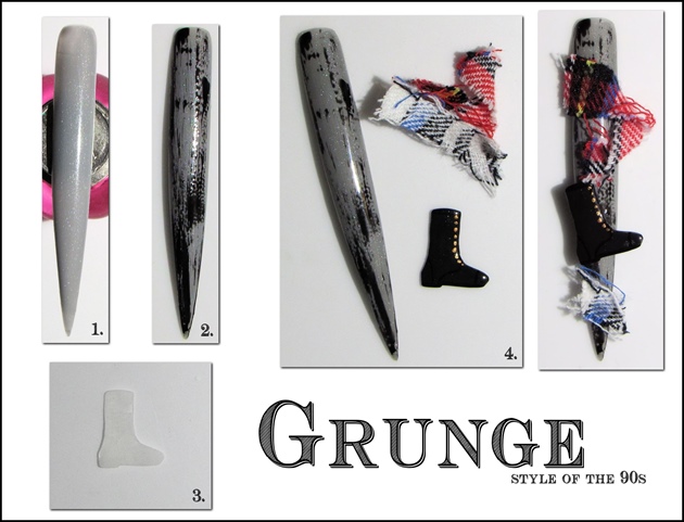 1.)  Double coat the nail tip using a grey gel polish.  Cure. 2.) Using a black gel polish, drag the brush lightly over the grey nail to create a streaked look.  Cure, and wipe off tacky layer.  3.) Using hard gel, create the shape of a combat boot onto a piece of foil.  Cure, and file it to shape.  4.) Paint your boot black with acrylic paints, and add details using a metallic color for the lace holes.  Use a dark grey to create the seem details.  Gather your elements, including actual flannel, and glue it all into place.  I decided on actual flannel because it really portrays the grunge look of the 90s.   **My Memory** Grunge was so in when I was in middle school.  Flannels, and ripped jeans.  I remember I loved wearing one of my Dad's work shirts.  He was a mechanic.  I don't wear that any longer, but I do wear flannels and  boots.  It's a comforting style, that is making it's way back!