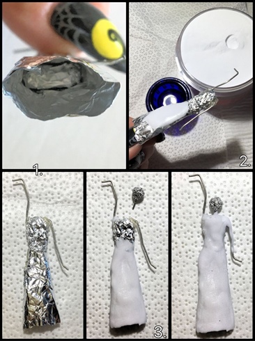 1. Start with molding a piece of foil into your basic body shape.  Place pieces of wire into the foil for arms.  I used 20 gauge here.\n2. Begin covering with acrylic.\n3. Now place a small ball of foil onto a straight piece of wire, and place it into the top of your body shape for a head and neck.  Continue covering with acrylic, making sure to fully cover the foil.