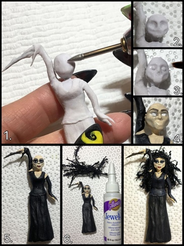 Now it's getting really fun!\n1.  Using your e-file and a small pointed bit, start to carve the face.\n2.  Make sure the eye sockets are pretty deep.\n3. You'll then want to place a small bead of acrylic in each socket to start the shape of the eyeballs.\n4. After sculpting out all of the features, you can start bringing your Bellatrix to life with acrylic paint!  Start by painting her flesh, then begin the details.\n5. Continue on to paint the dress, and other parts of your sculpture.\n6. Hair time!  I found this amazing crazy yarn that is absolutely perfect for Bellatrix.  I cut random pieces of it and used a jewelry glue to adhere it.  You can attempt hot glue, but it can be extremely messy.  However, it will be a faster adhesion. 