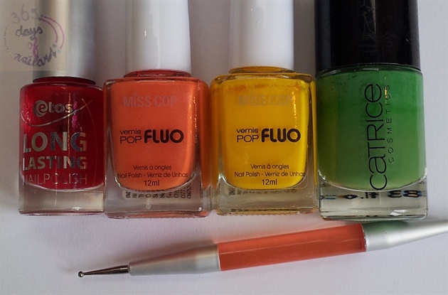 Material for next step: Dottingtool and red, orange, yellow and green polish