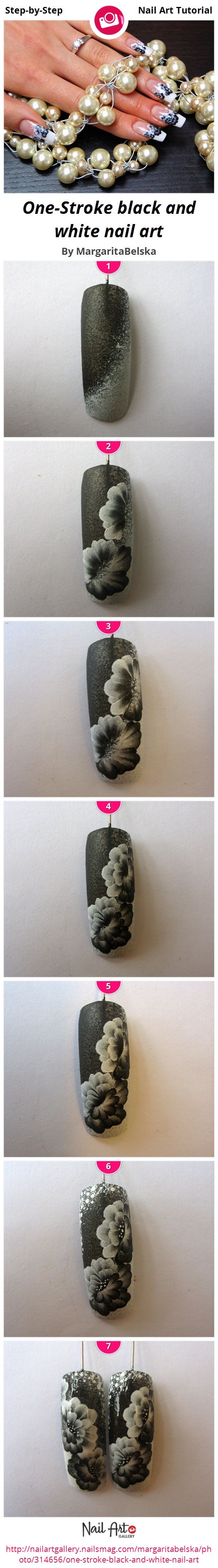 One-Stroke black and white nail art - Nail Art Gallery