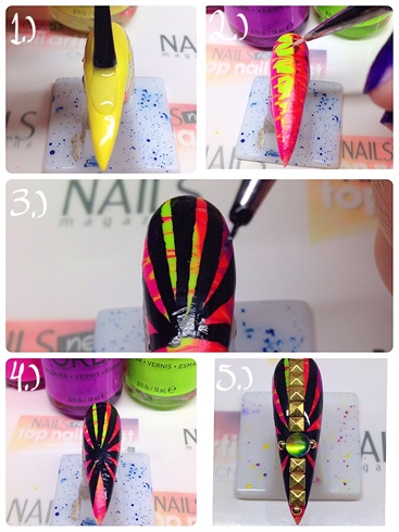 I paint the nail yellow with gel polish. I do a marble design with varnish then I add black lines with acrylic paint. I then top coat and embellish using glue.