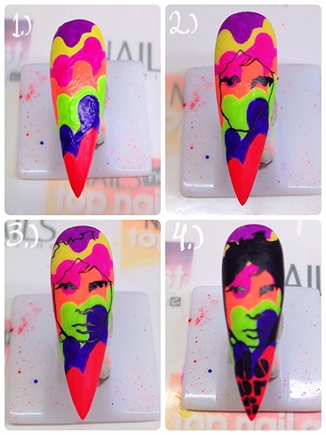 I paint the drip design again then I paint Jim with acrylic paint. I then topcoat the nail.
