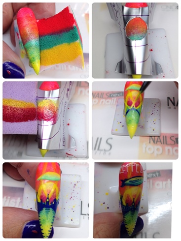 I ombre with varnish then trim out a circle on a form and place it on the nail. I then make an ombre in the circle. I do the same for the blimp. Then I add in some details with acrylic paint. I top coat the nail.\n
