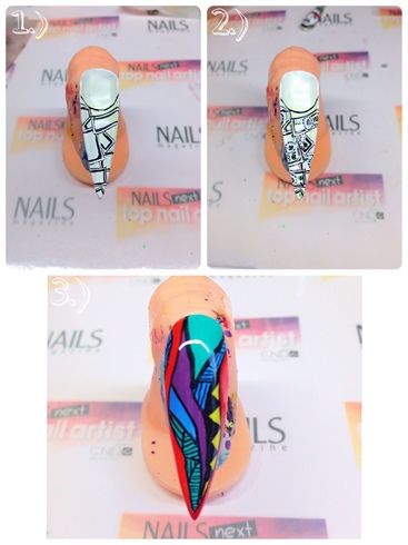 \n1.) I create another money nail. \n\n2.) I finish the money and top coat. \n\n3.) I create another Coogi print for the top of this nail.