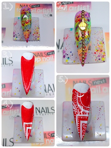 \n1.) I create another ombré splatter nail. \n\n2.) I top coat the nail and add some charms with nail glue. \n\n3.) I paint the underside of the nail red with gel color. \n\n4.) I begin painting the bandanna with white acrylic paint. \n\n5.) I finish the bandanna and top coat. 
