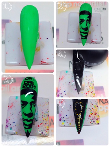 \n1.) I paint the nail with neon green gel color. I wipe and buff the nail.\n\n2.) I begin painting Dr. Dre with black acrylic paint. \n\n3.) I add some font from his 2001 album and then I topcoat the nail. \n\n4.) I paint the underside of the nail with black gel color. Cure, wipe, buff. Then I glue on the rosary cross and paint on some dots.