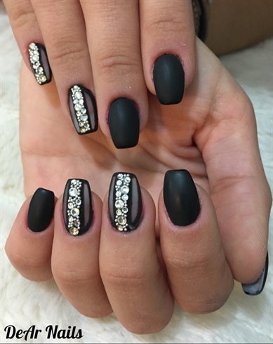 Black Matte Nails With Rhinestones 