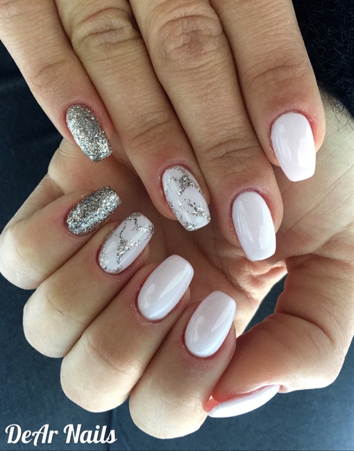 Off White Nails And Glitter Flakes - Nail Art Gallery
