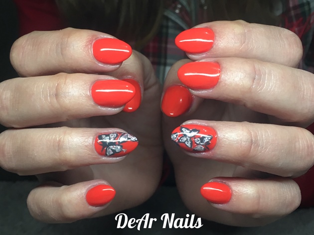 Bright Coral Nails With Butterflies 