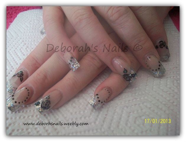 Silver Glitter tips with Black Roses