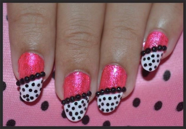 Hot Pink and Black Nails with white tips