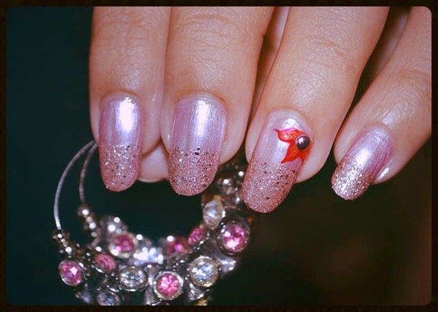 Pink Glitter French with Red Flower