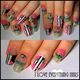 Pink Flower Nails W/ Stripes