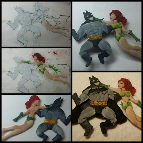 I created my characters in steps.  I used a piece of wax paper and sketched out the dueling figures.  Next I used white acrylic to build up the front of their bodies.  I wanted to have lots of details in my muscles and clothing.  When the bodies we sculpted, I used colored acrylic to enhance and shade the piece.  I sculpted a bunch of ivy leaves on a arabella form, and one by one attached them to Poison Ivys outfit.  I also used a gold glitter and mixed it with a gold pigment to give Batmans belt a little sparkle.  When the front of the characters were complete, I tured them over and used the same methods on the backside.  These characters are 100% sculptured, no clay and no foil on the inside.  After I was done sculpting the characters, I went in with a little gel play to create the finer detailing.  Batmans cape was created the same way my quotation bubbles were.  I used a bead of colored acrylic, and flattened it between two pieces of wax paper.  Then after is set, but when it was still pliable, I molded it into the positioning I wanted. 