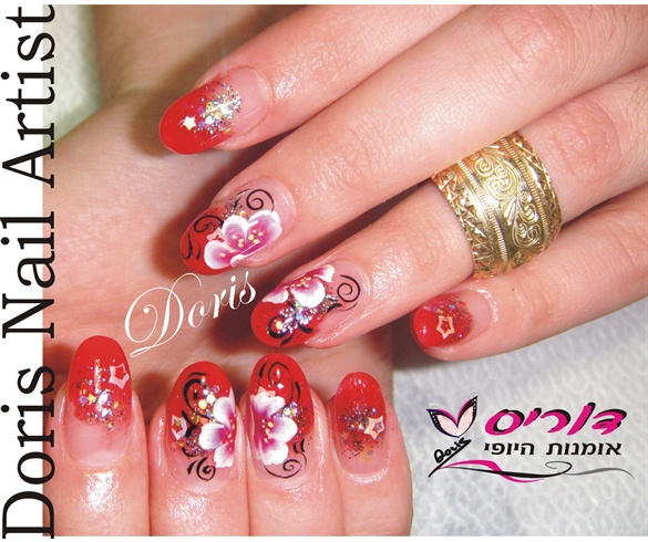 aquarium red nails,flower nail art