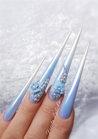 Aurora pigment stiletto nails with 3d flowers on ombre gel 