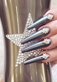 Coffin shape nails with crystals, chrome look