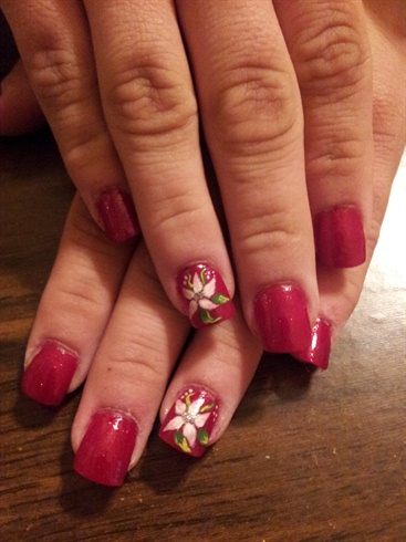 Red nails with pink flower
