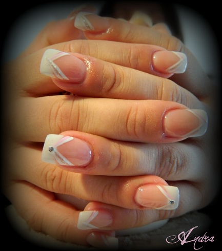 white french with glitter &amp; pink stripes