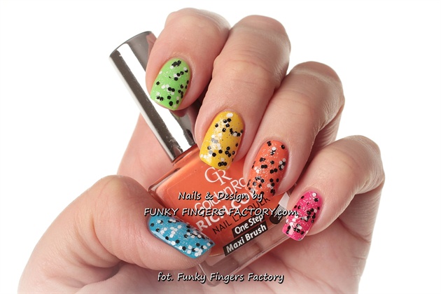 Rainbow nails with Black &amp; White Glitter