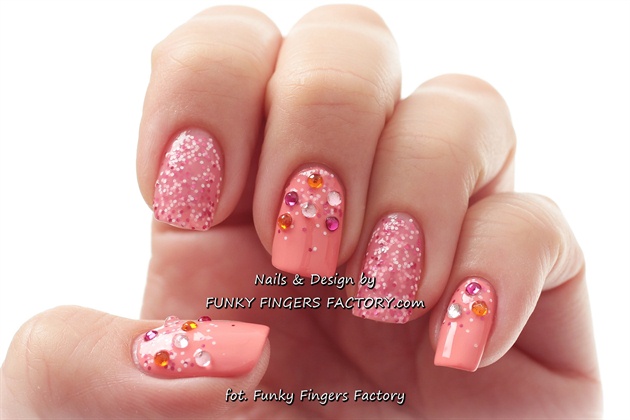 Peach Pink Glitter nails