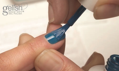 Apply a thin coat of Gelish Soak Off Gel Polish from the cuticle to the free edge (Remember to seal the edge of the nail).\nCure the nails under the LED 18G light for 30 seconds or a UV light for 2 minutes.\n