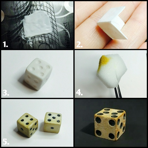 This is how I created the dice.\nI made 6 flat square pieces with Akzentz formation gel, and then glued all the side together. With an e file I carefully made the number indents and with a dotting tool painted them with black gel polish.\nI aged the dice using a sponge and some yellow and brown gel polishes.