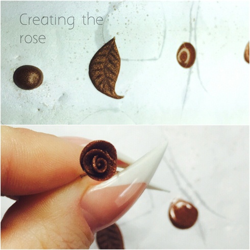 This is how I made my rose. I made the leaves directly onto the nail, but practised on the form paper first.