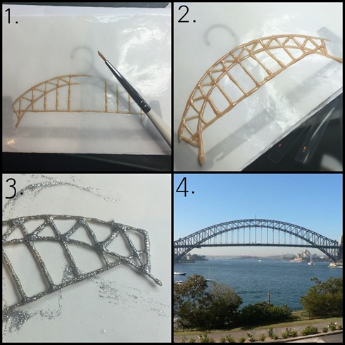 Sydney Harbour Bridge - 1. I traced over a picture of the bridge onto form paper (using hard gel) 2. I cured in sections to prevent the gel from self levelling too much 3. I finalised by painting with silver gel polish. 