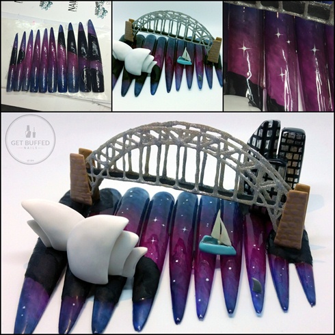 Here you can see how I attached the pieces, mostly with glue and black acrylic. I also painted the Southern Cross stars under the Sydney harbour bridge. You can see the little shark fin here at the front also (made from acrylic)