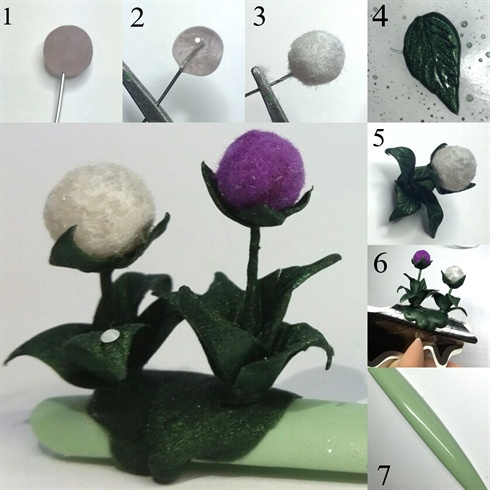 FURRY FLOWERS - 1. I made a ball of clear acrylic, and while it was still pliable i pushed some wire inside to make the stem 2. I covered it with top coat 3. I then dipped it into white flocking powder 4. I sculpted the leaves on some form paper 5. I coated the wire with the green acrylic and placed all the pieces together 6. I made a small green acrylic (for a moss effect) platform for the flowers to sit on 7. I painted my base tip with mint green gel polish