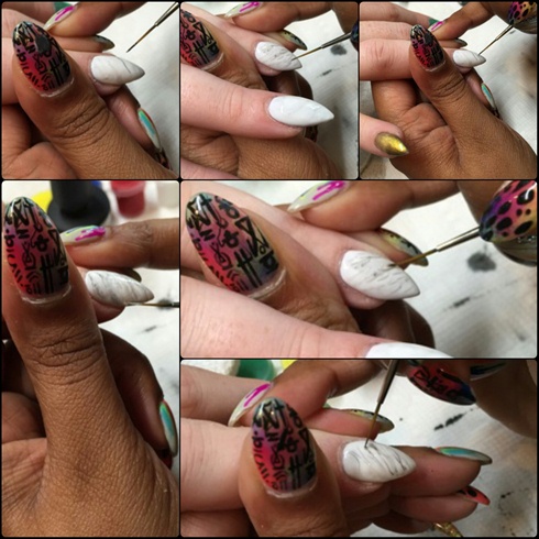 I didn't want the masks to be plain and flat, so I did a marble pattern on the base of the nail.  I used a white Caption polish for my first coat.  I did this first to allow time to dry.  I put one coat of Young Nails Sheer White gel polish on top, and before I cured it, I used my 10/0 short liner brush and randomly mixed Akzentz Wisp, grey gel polish in the sheer white.  After the grey, I used Akzentz gel play black to make the marble effect.  The way to get this done, is to not put much on it.  You basically have to have so very little, that you can barely see it.  Then drag it through in one direction carelessly until you reach the desired effect.