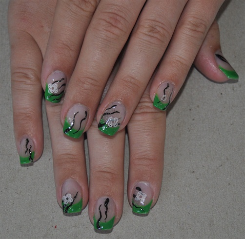 Green french with konad and painted art