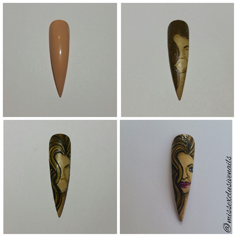 For the middle finger, I started out with a nude base color (OPI Samoan Sand) Then, with brown acrylic paint and a fine brush, I started applying fine lines to create the base of the hair. With a mixture of brown, white, and mustard yellow acrylic paint, I started blending in facial features. As the bottom left picture depicts, I went in with black acrylic paint to define where I wanted the eyebrow and movement of hair. Then, with a steady hand, I highlighted certain parts of her hair to create dimension. I applied a small amount of white acrylic paint to the eye, and dotted very carefully for the pupil and lashes. I used OPI's Color Paints Pen & Pink on her lips! Top coat with INM Looks Wet !