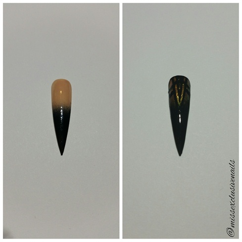 Okay, so on the pinky, I started out with a nude to black gradient. Things got carried away and I didn't like the nude with the whole set, so I sponged OPI Goldeneye over top of the nude. I then added a triangle and lines to complete the look! Top Coat with INM Looks Wet and you're all done!