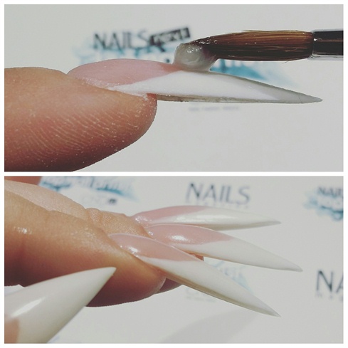 Then, with a medium sized ball of clear acrylic, make sure the apex is strong, this is the point of pressure that makes or breaks any nail. Starting flush at the cuticle, and thin as a credit card at the tip.