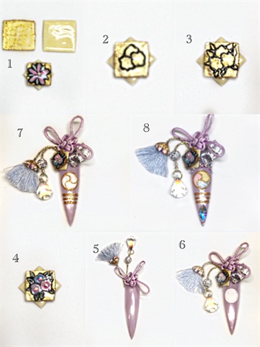 1. Create 2 squares with Trinity Clear on plastic, cure. Shape sides with nail file. Paint two coats of gel, one with Golden Nugget and the other with Peaceful, curing between each coat. Top with Shine On, cure. This is to match the one below, except with a different type of flower.\n2. Attach squares with Bling On, cure. With Gel Play Black Paint, paint 3 organic circles.\n3. Add leaves, cure.\n4. Fill in flowers with Options Berry Elegance, Strawberry Cream,and Lilac Flourish, and the leaves with Luxio Wink, cure. Embellish with small Swarovski Crystals.\n5. Attach knot, tassel, and gold chains with Bling On, cure.\n6.Attach 3-flower squares and Swarovski Cubes with Bling on. Paint a circle with Gel Play White Paint, cure.\n7. Paint 3 horizontal lines, outline the circle, and divide the circle into 3 evenly spaces tear drop shapes with Golden Nugget, cure. This is called a taeguki.\n8. With Peaceful, Strawberry Cream, and Options Glitter Snow Blue, fill in the tear drops, cure. Top with Shine On, cure. Embellish with various sizes of Swarovski crystals.