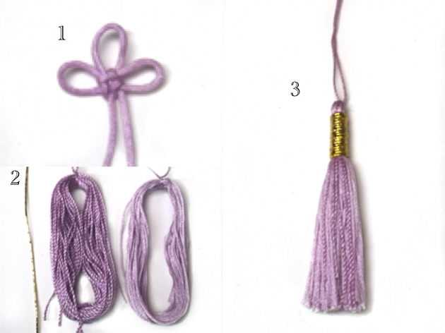 1. Tie a more simple Korean knot.\n2. Take 2 slightly different embroidery flosses, and wrap each around an object that is equivalent to the size of tassel preffered. Tie loops together with a separate piece of string.\n3. Cut bottoms, combine, and wrap together with gold cording. Trim ends evenly.